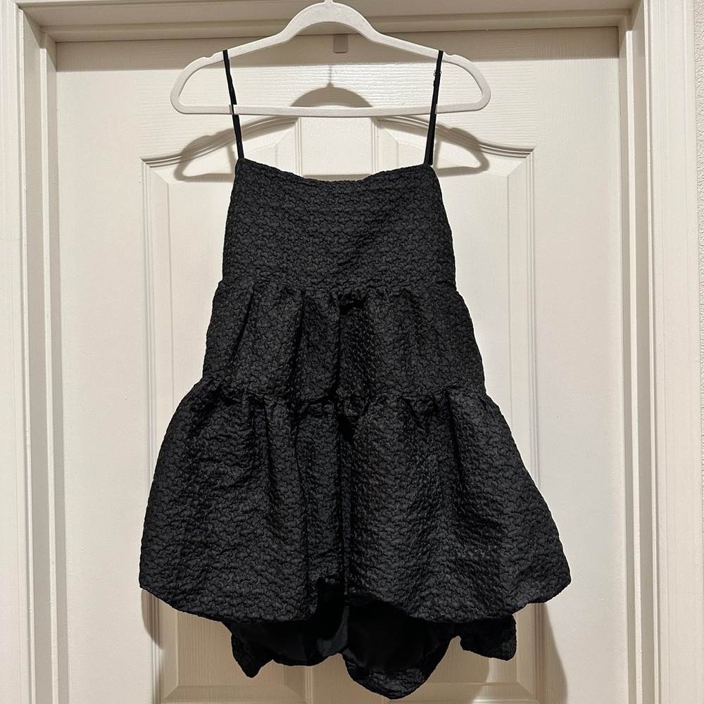 Aureta X Anthropologie Square Neck Buble Hem Black Mini Dress - Picture 5 of 9